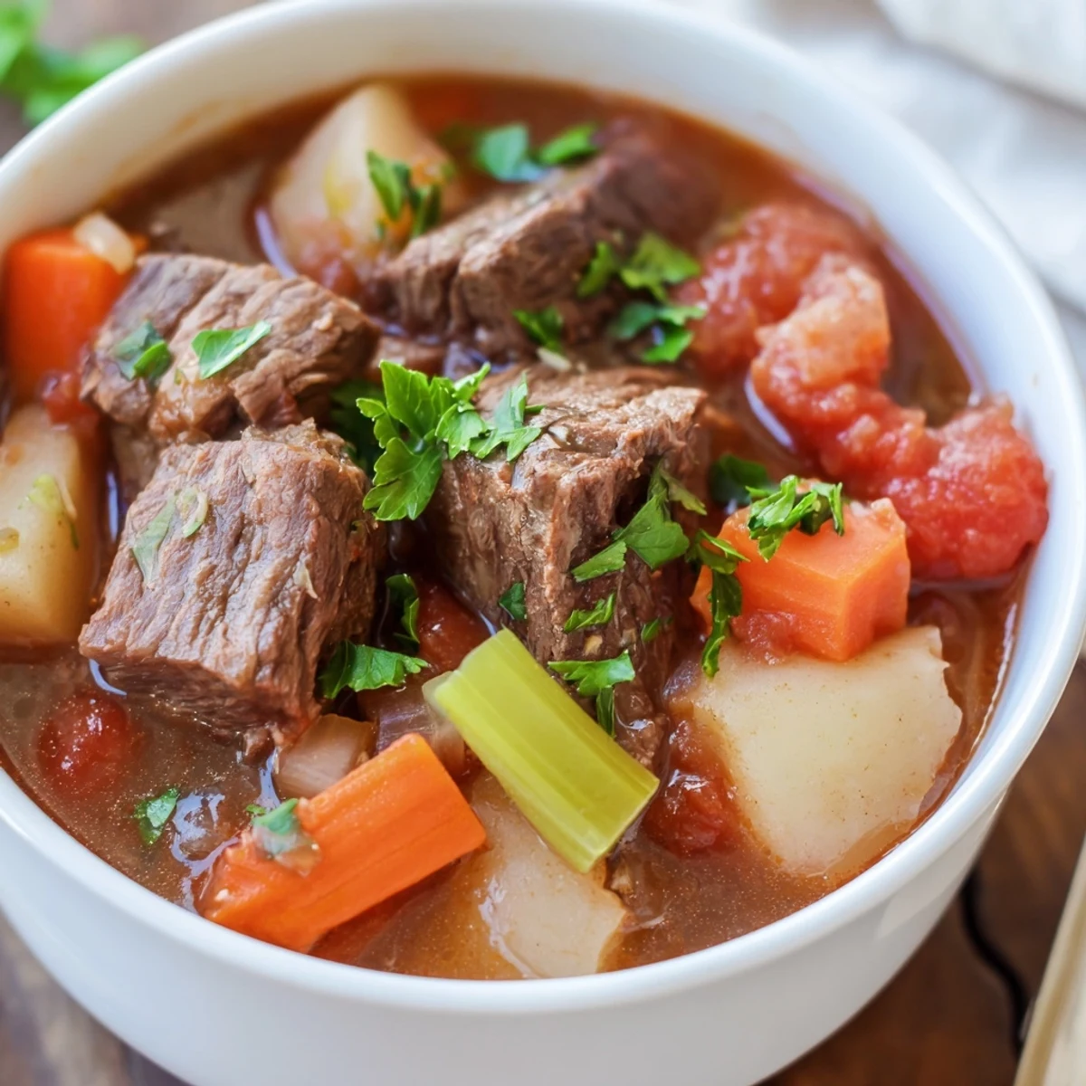 Tender beef and vegetables simmering in the Slow Cooker Dinner Pot with rich, savory broth.