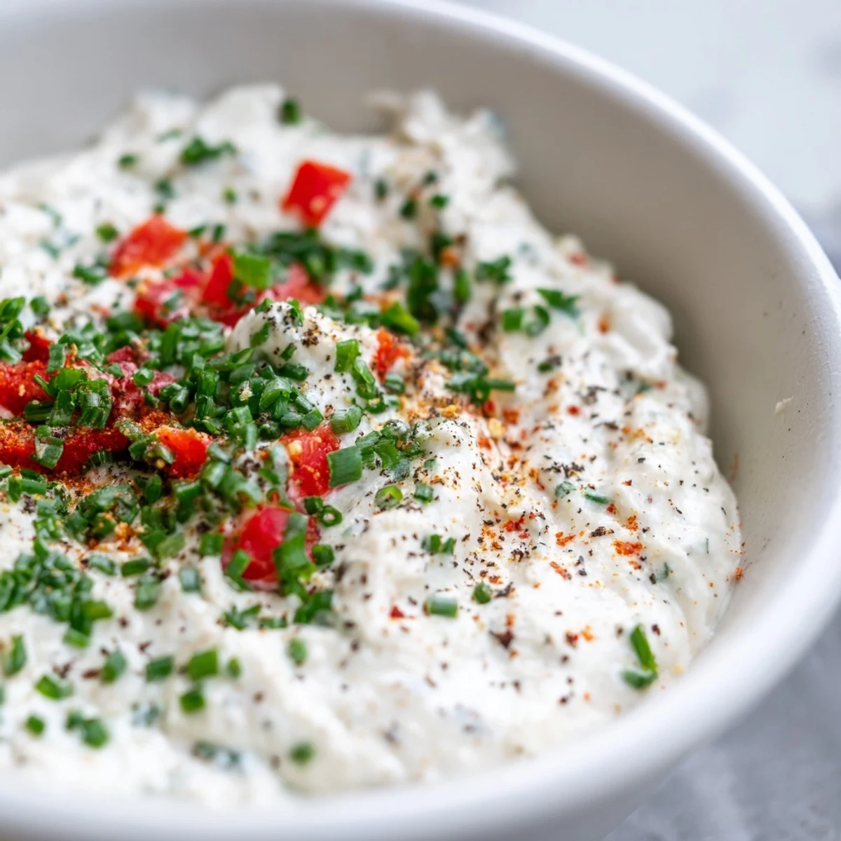 A bowl of creamy appetizer dip topped with fresh chives, parsley, and smoked paprika, surrounded by crunchy gluten-free crackers and colorful raw vegetables for dipping.