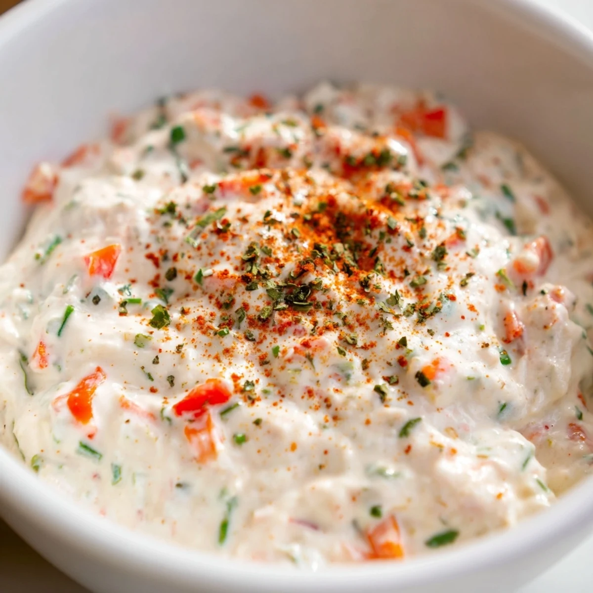 Creamy appetizer dip with a velvety texture in a serving bowl, featuring red bell pepper and fresh herbs, perfect for party appetizers or game day snacks.