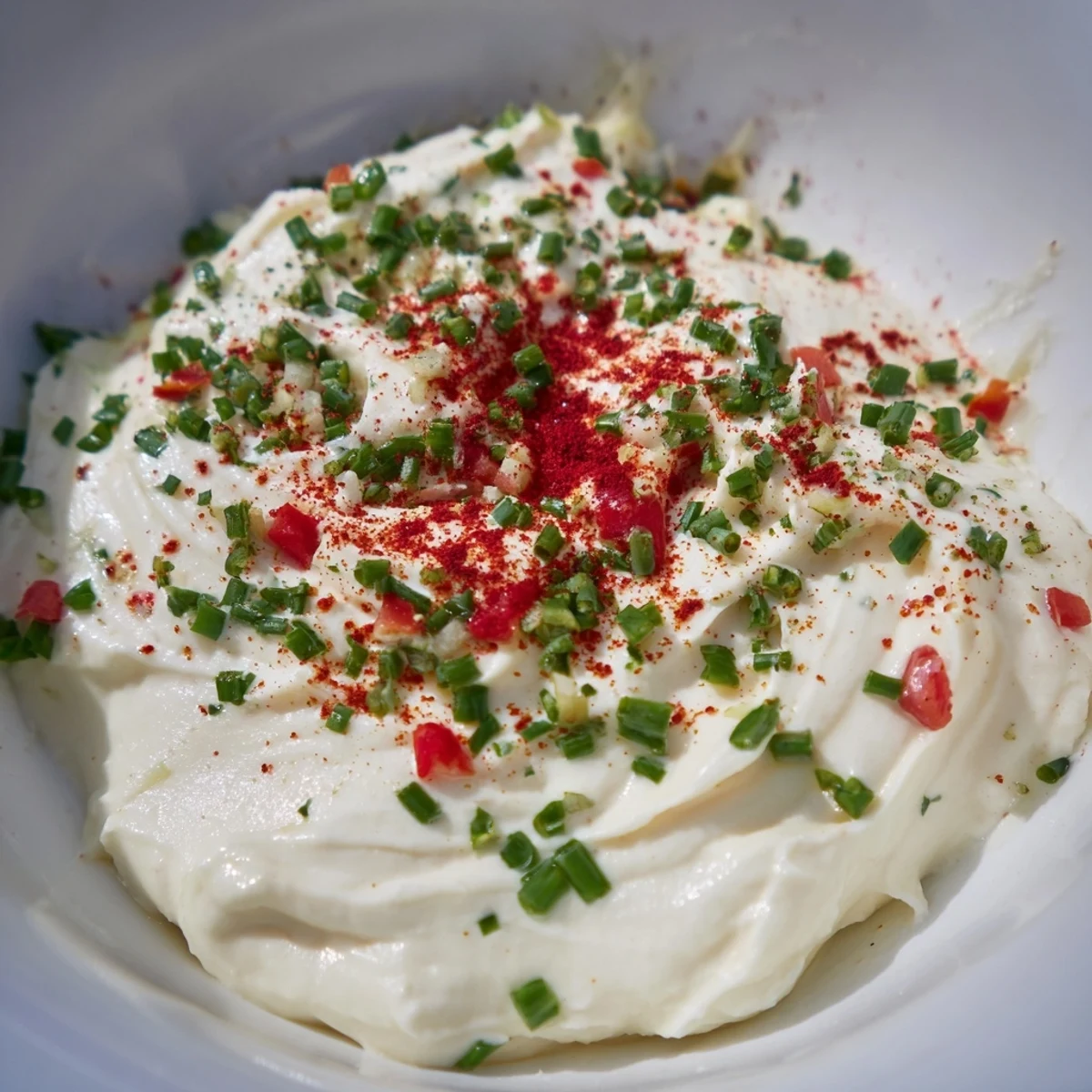 Freshly made creamy appetizer dip garnished with minced garlic and chopped chives, served chilled with carrot sticks, celery, and potato chips for a savory bite.