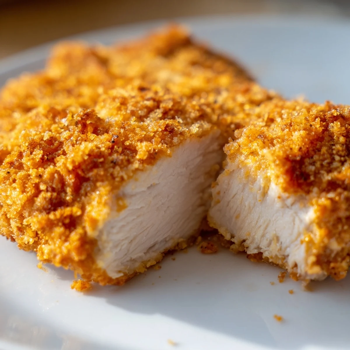 Golden-brown Crispy Dinner Chicken resting on a plate, coated in a crunchy, seasoned panko crust, ready to serve.
