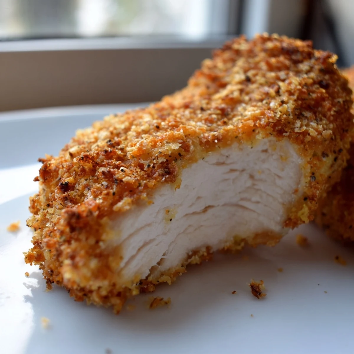 Plated Crispy Dinner Chicken alongside creamy mashed potatoes and coleslaw, garnished with fresh parsley for a family dinner.
