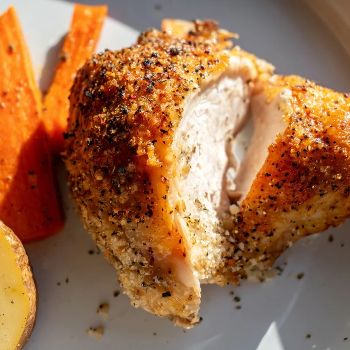Golden-brown roast chicken dinner with roasted potatoes, carrots, and onions served on a platter.