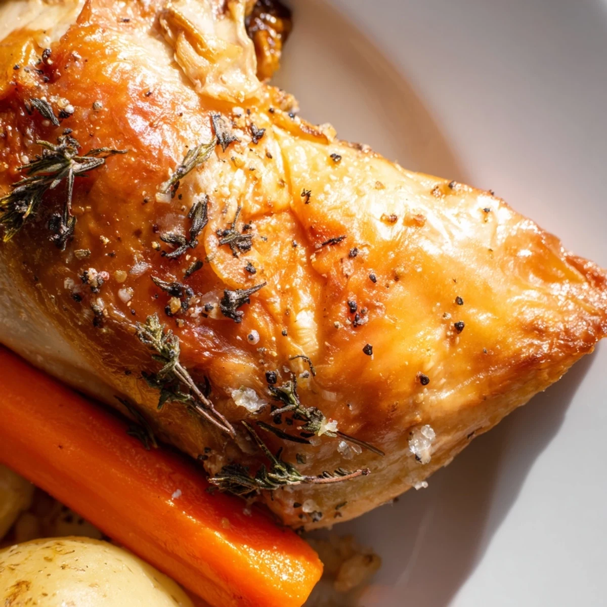 Herb-crusted whole roast chicken with tender vegetables and pan juices in a rustic kitchen.