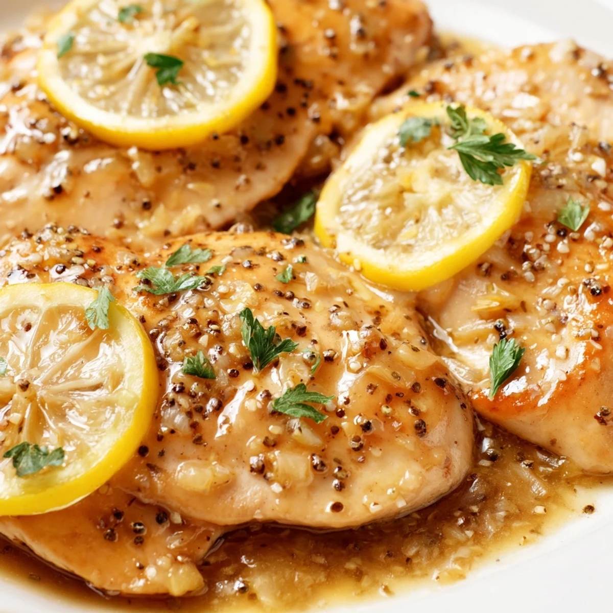 Tender chicken breasts simmered in a bright lemon garlic sauce, garnished with fresh parsley and sliced lemon.