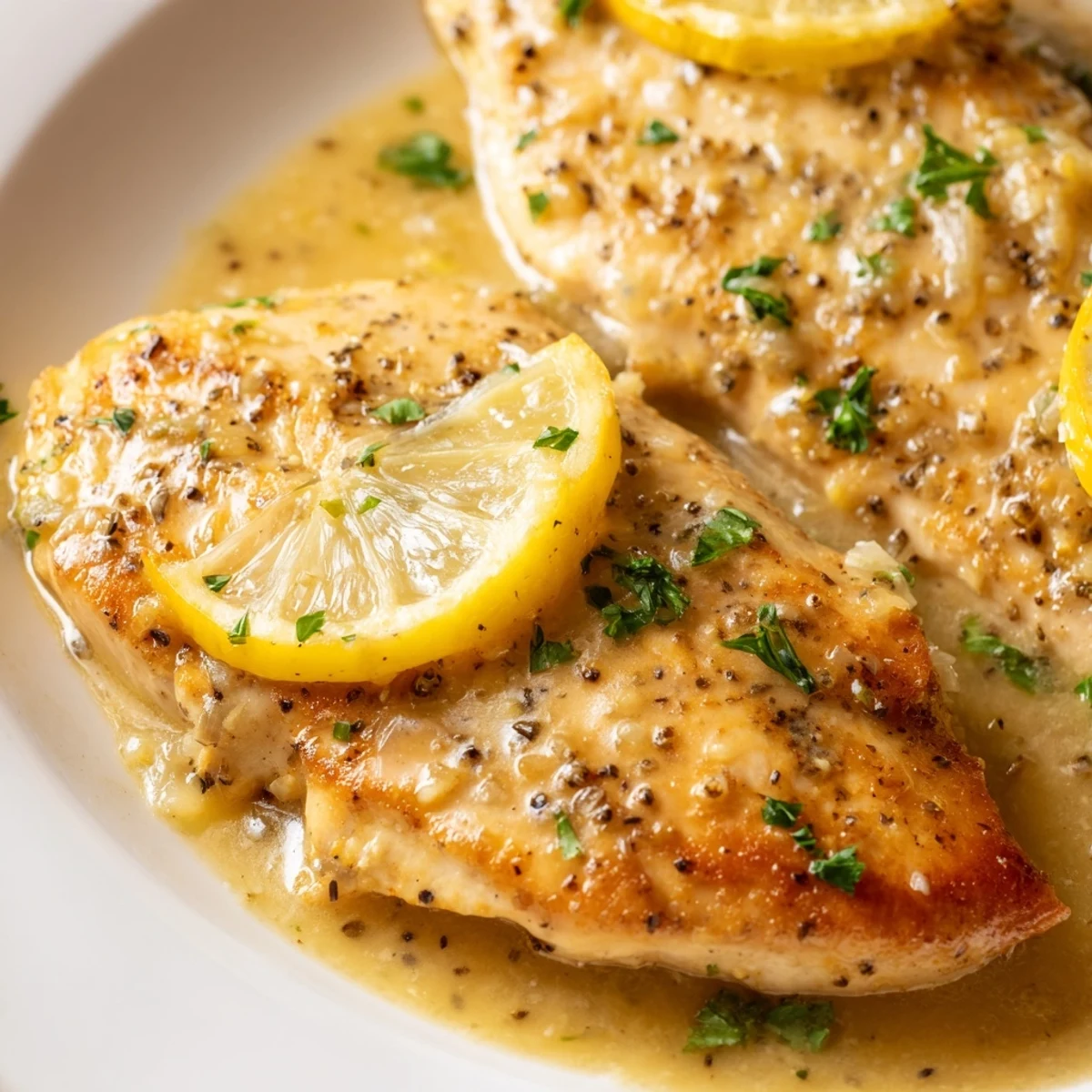 A close-up of golden-brown lemon dinner chicken, showcasing a glossy, zesty pan sauce.