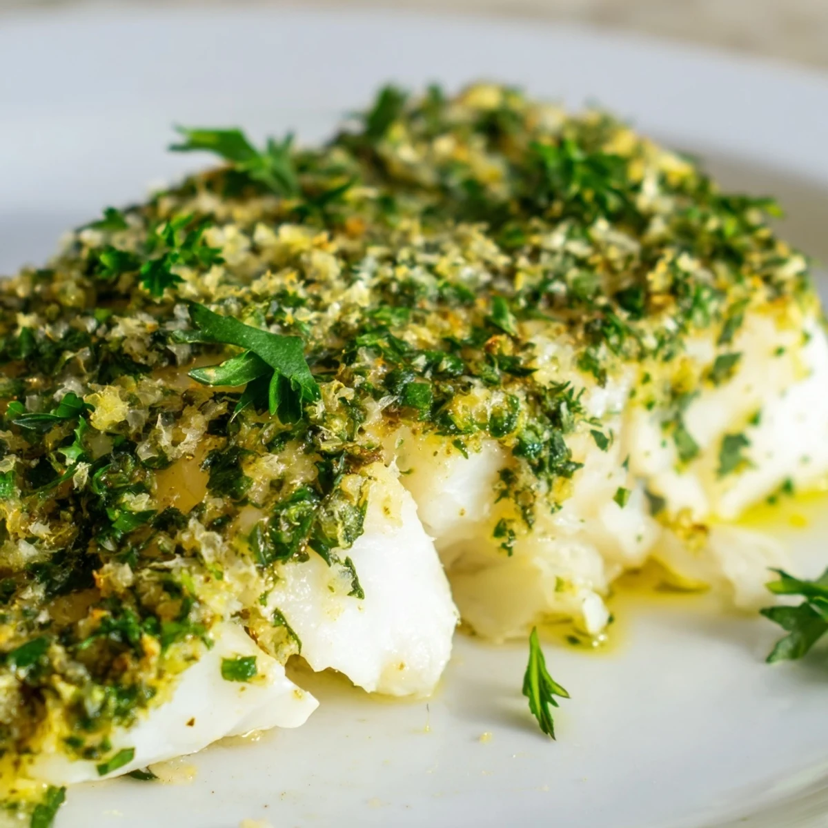 Golden baked cod fillet with a lemon-herb crust sits alongside roasted vegetables on a rustic plate.