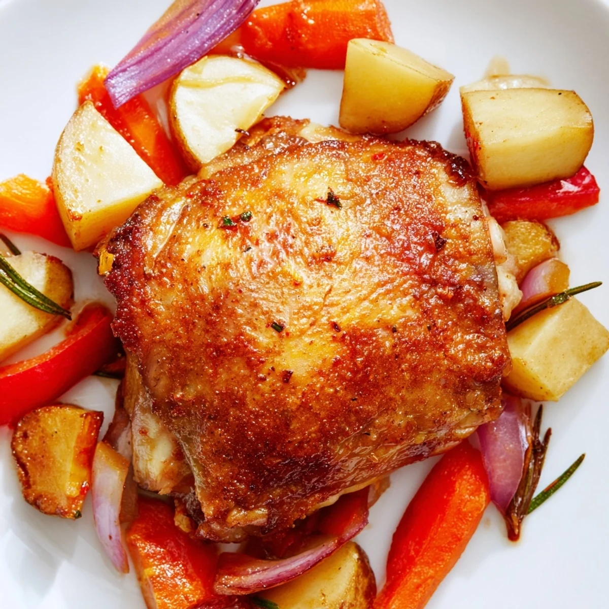 Golden, crispy-skinned chicken thighs nestled with caramelized potatoes, carrots, and cherry tomatoes in the Roasted Dinner Pan.