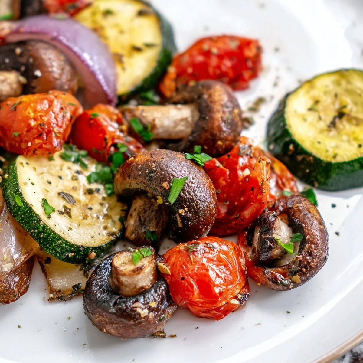 Golden-brown Roasted Appetizer Veggies plated with a balsamic drizzle, served as a vibrant appetizer alongside creamy hummus.