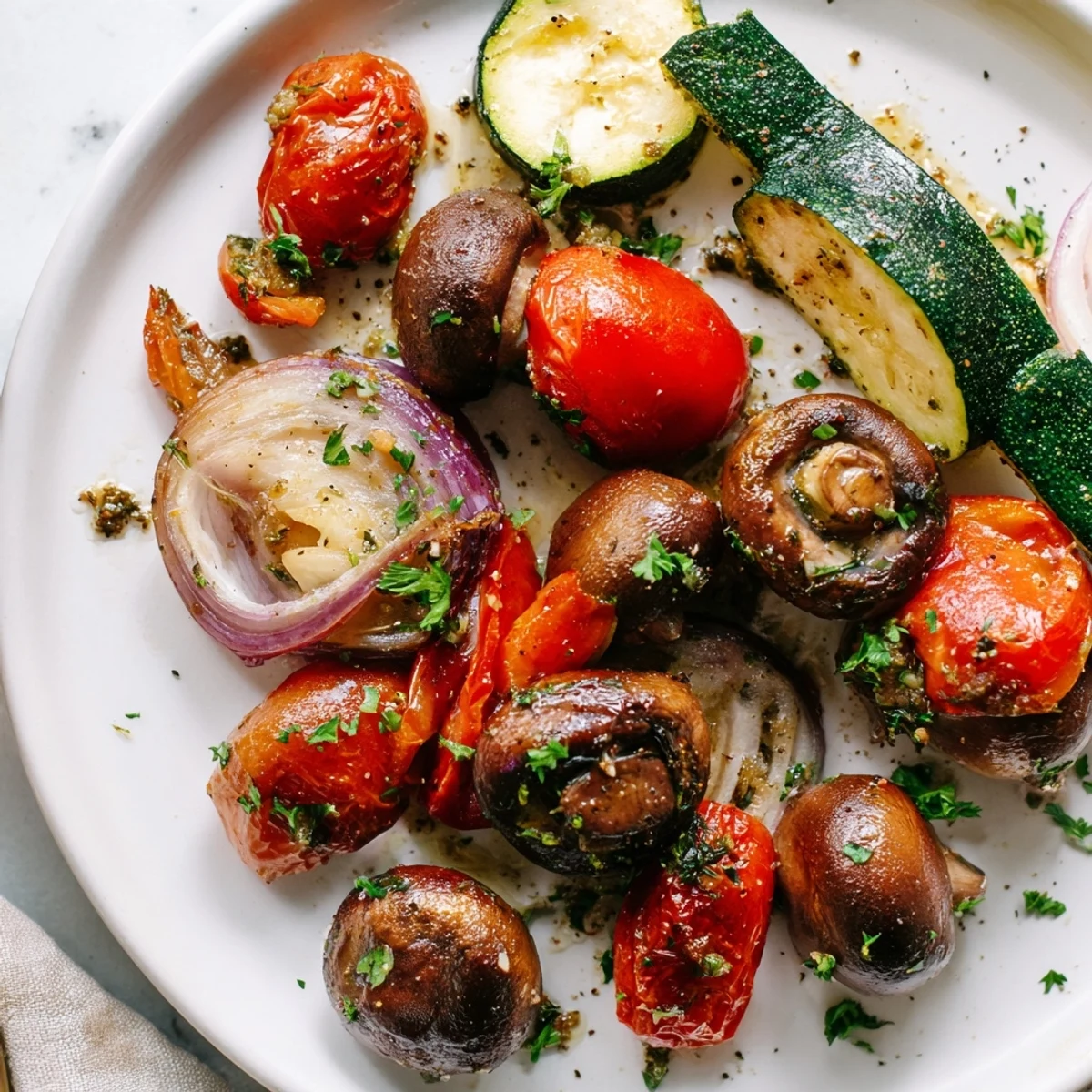 Roasted Appetizer Veggies sizzling with caramelized edges, releasing a rich garlic and Italian herb aroma from the oven.