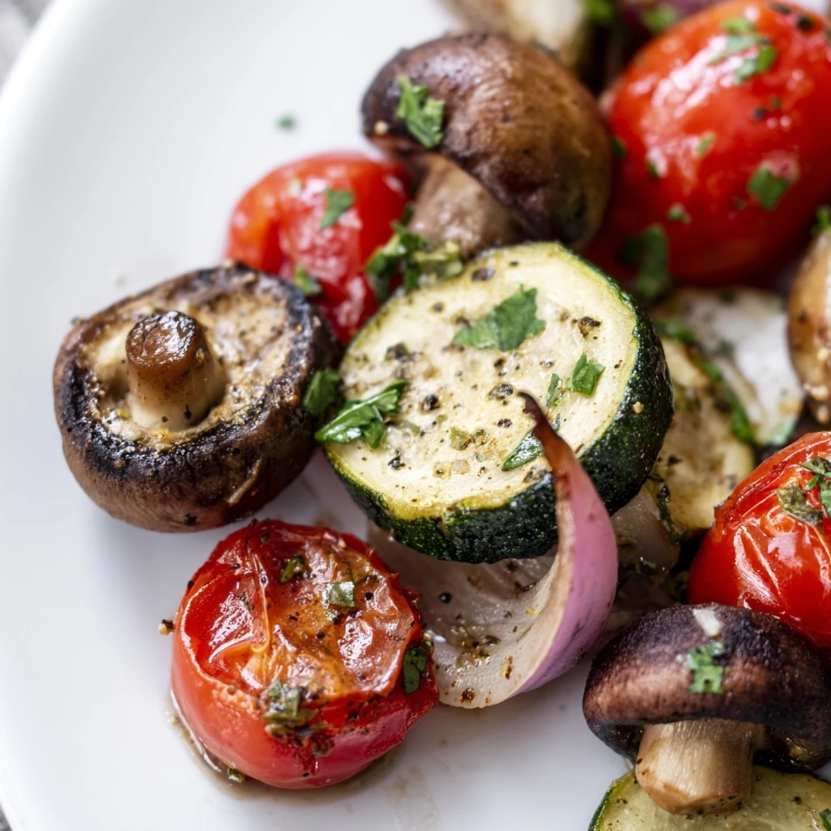 Vegan Roasted Appetizer Veggies featuring colorful bell peppers, zucchini, and carrots, tossed in olive oil and herbs.