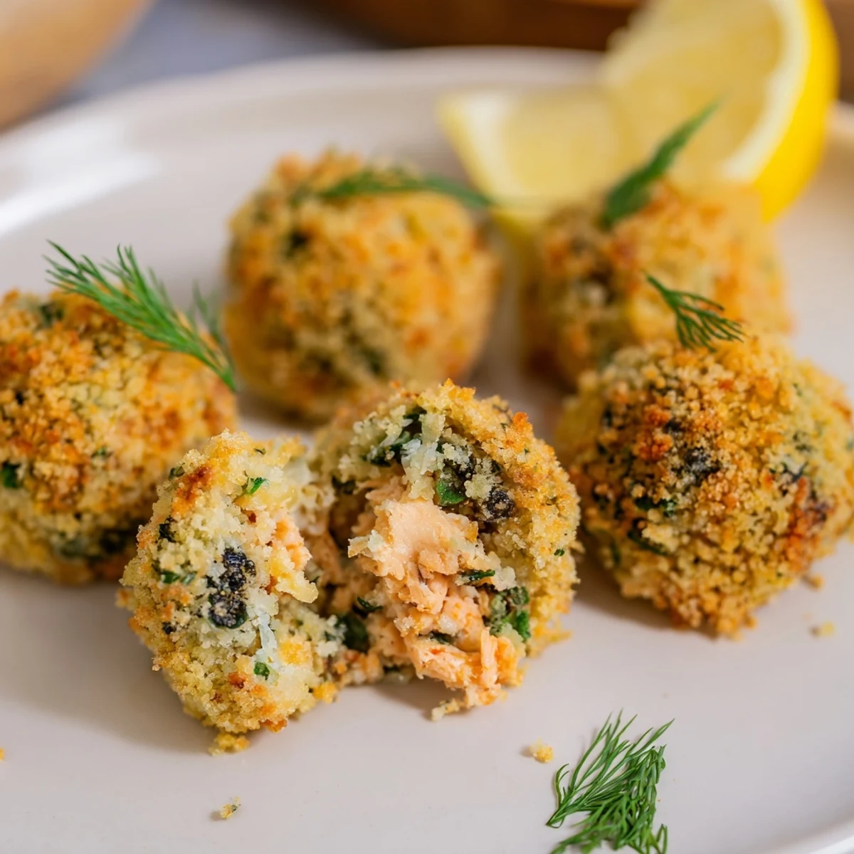 Golden-brown Baked Salmon Snack Bites fresh from the oven, featuring crispy panko coating and a tender, flaky interior.