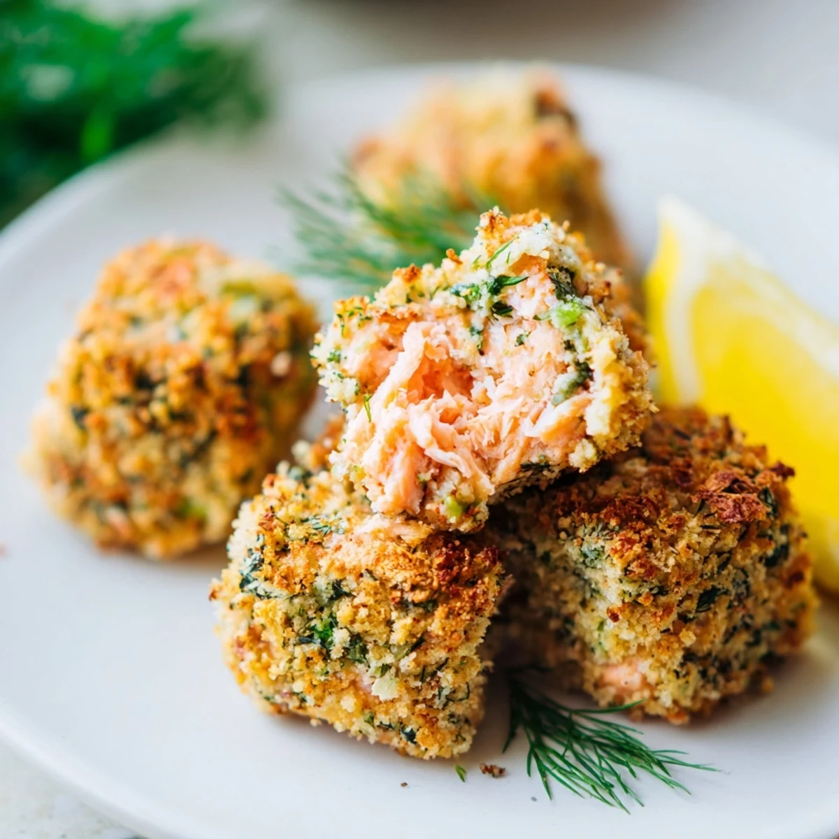 Colorful Baked Salmon Snack Bites on a rustic platter garnished with fresh dill and lemon wedges for bright flavor.