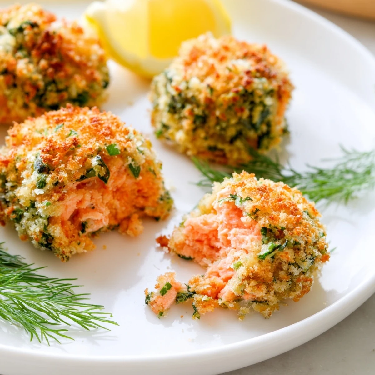 A close-up of golden Baked Salmon Snack Bites served with a creamy dipping sauce on a white plate.