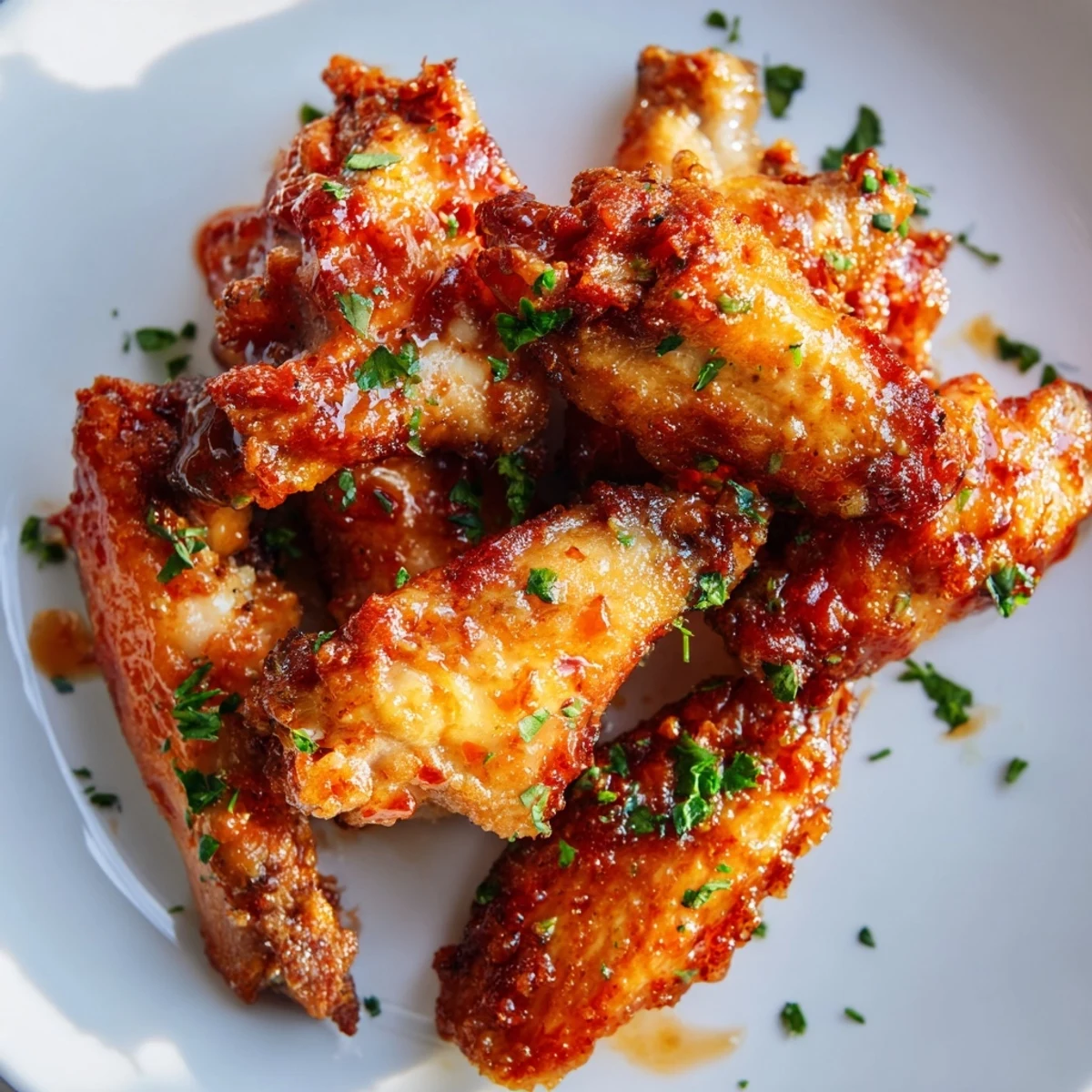 Crispy, saucy Chicken Appetizer Wings on a platter with fresh parsley and blue cheese dip for dipping.