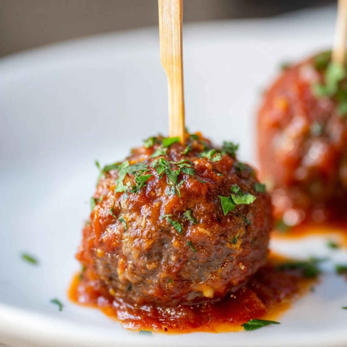 Golden-brown Beef Appetizer Meatballs simmered in a rich tomato sauce garnished with fresh parsley.