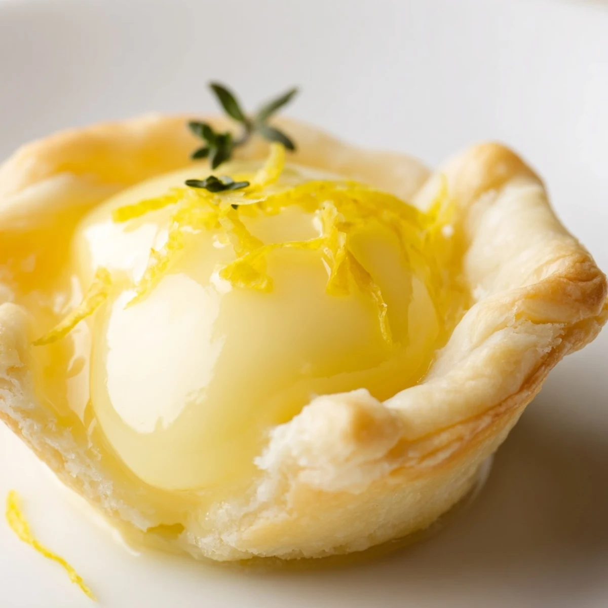 Golden Lemon Appetizer Tart slices on a platter, garnished with fresh thyme and thin lemon zest strips.