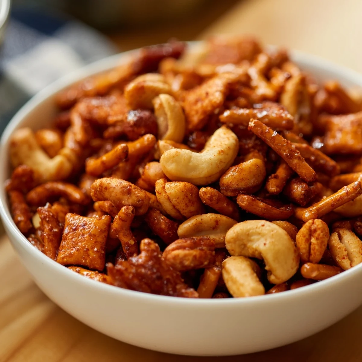 Golden brown Spicy Snack Mix with pretzels, nuts, and cereal on a baking sheet.