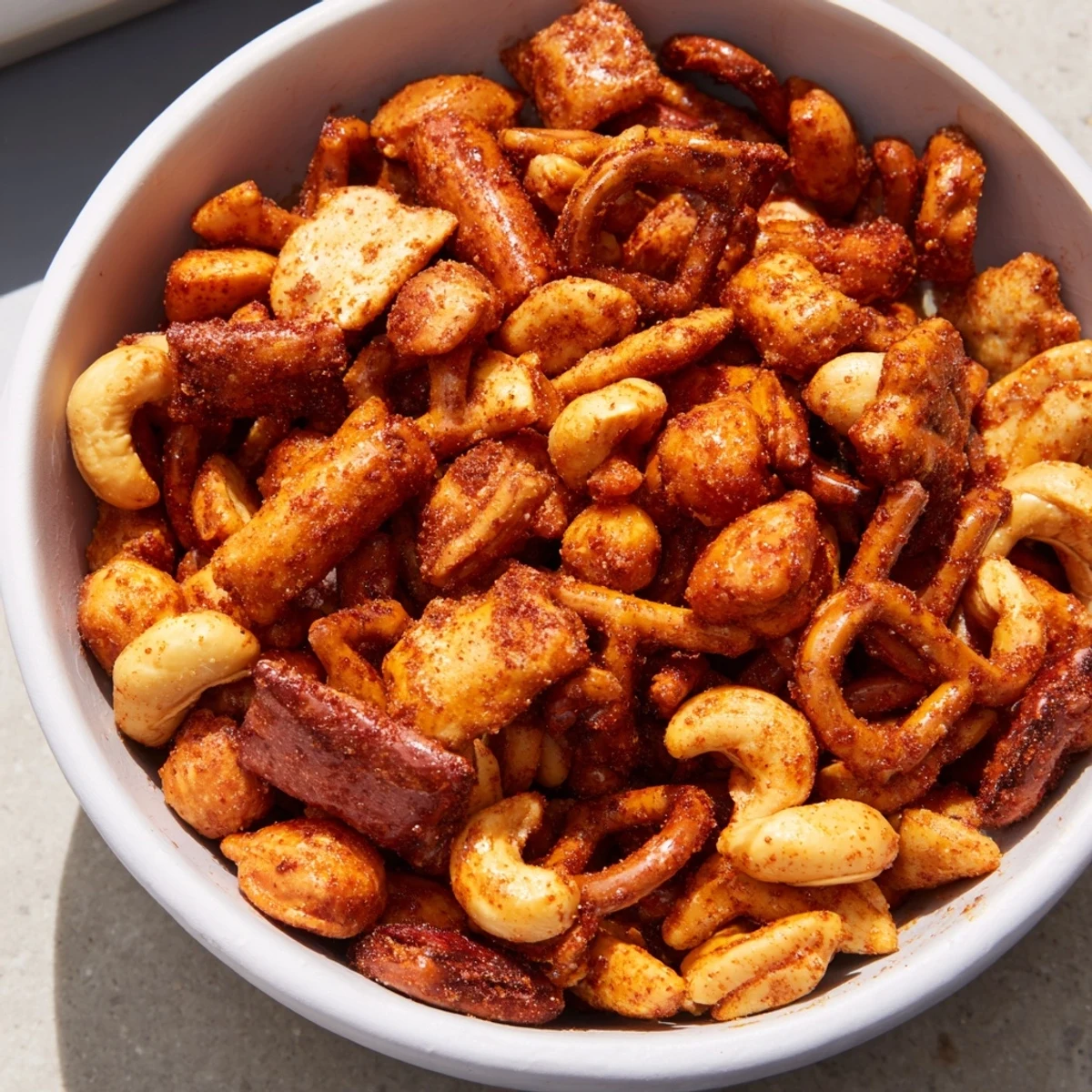 A freshly baked bowl of Spicy Snack Mix with bold seasoning for game day.