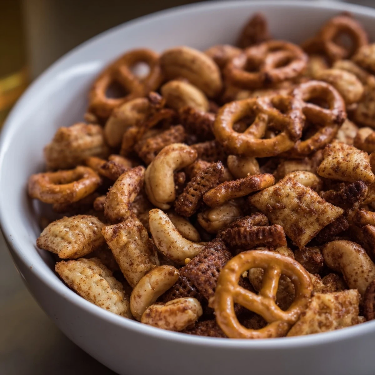 Spicy Snack Mix with pretzels, nuts, and cereal, ready to serve with cold drinks.