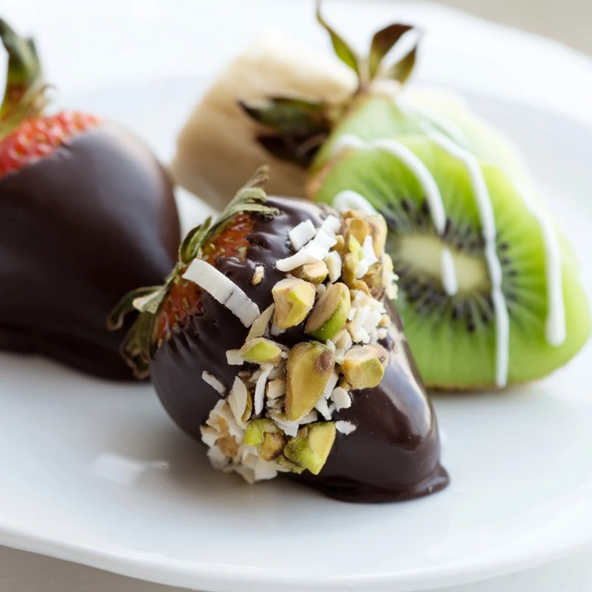 Fresh strawberries, banana slices, and kiwi pieces coated in glossy dark chocolate, topped with pistachios and coconut, arranged neatly on parchment paper.