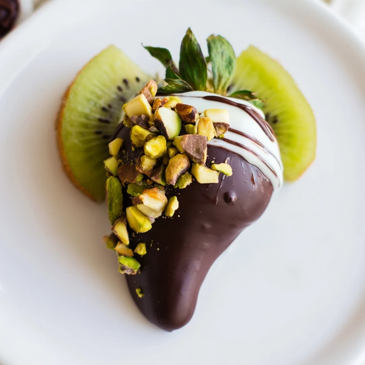 Elegant chocolate-dipped fruit appetizers glistening with drizzled white chocolate, showcasing strawberries, banana slices, and kiwi for a sweet vegetarian treat.