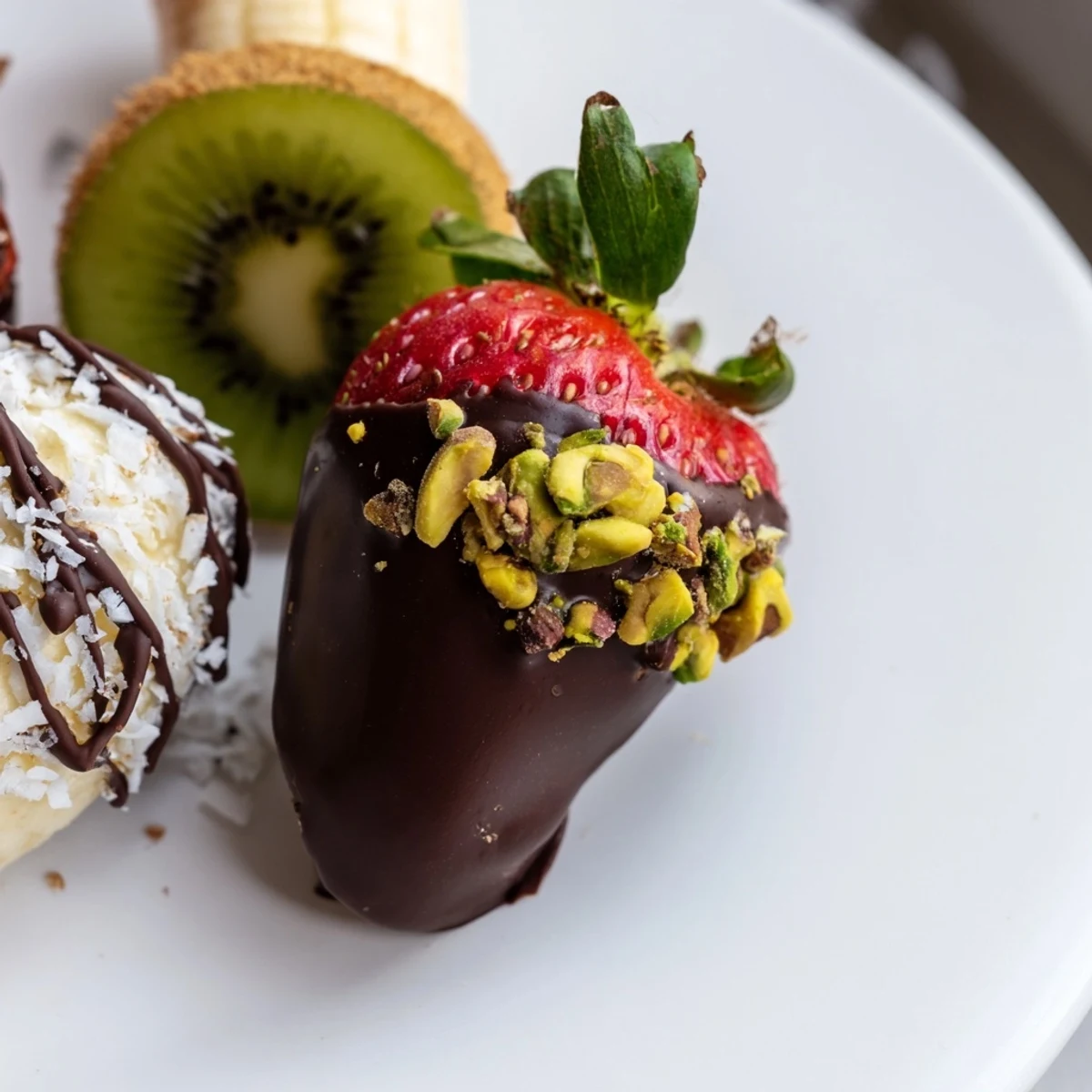 Rich dark chocolate-dipped fruit appetizers served on a baking sheet, ready to be chilled and enjoyed as a gluten-free party dessert.