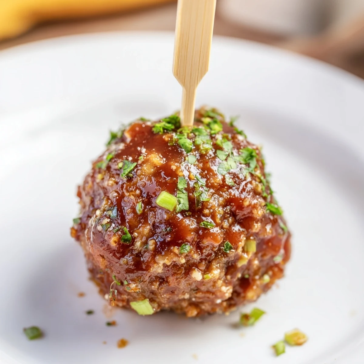 Golden-baked Turkey Appetizer Meatballs glistening with a sticky, sweet barbecue glaze on a white platter.