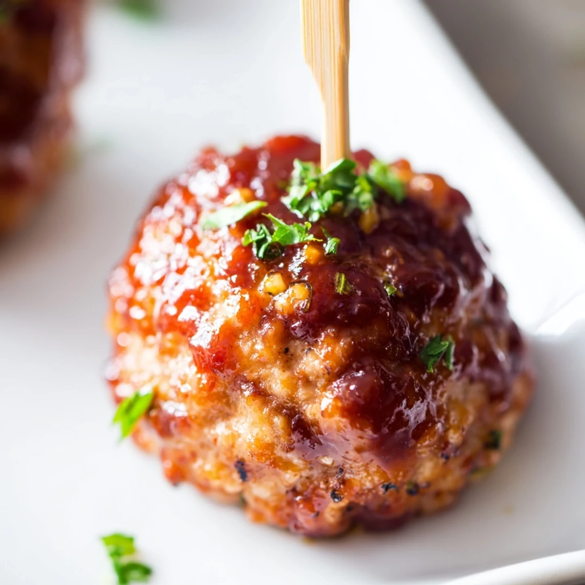 A close-up of glazed Turkey Appetizer Meatballs revealing tender texture and a tangy-sweet sauce drizzle.
