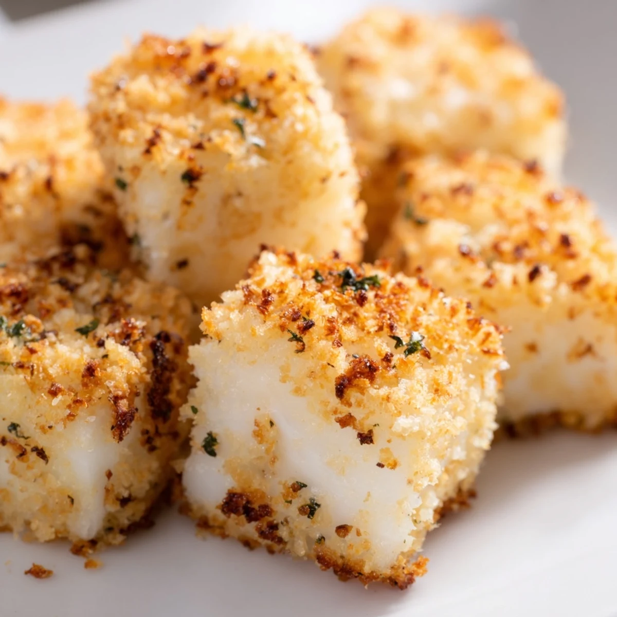 Golden Baked Fish Appetizer Bites on a serving platter with lemon wedges.