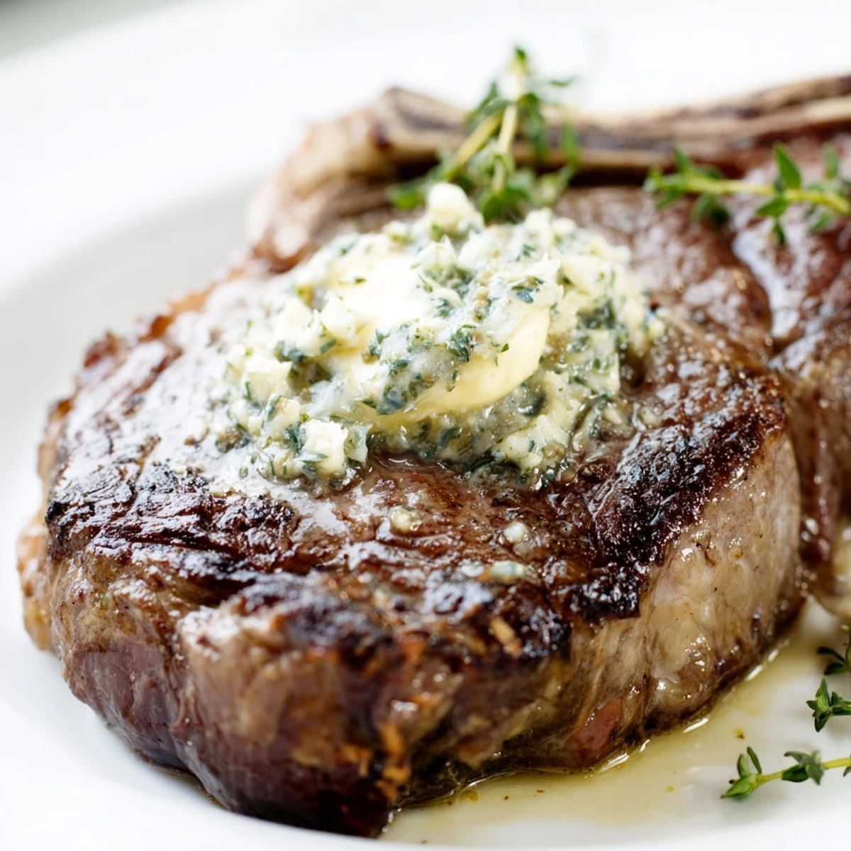 Juicy medium-rare Beef Dinner Steak, topped with melting herb butter and fresh parsley, served alongside roasted potatoes.