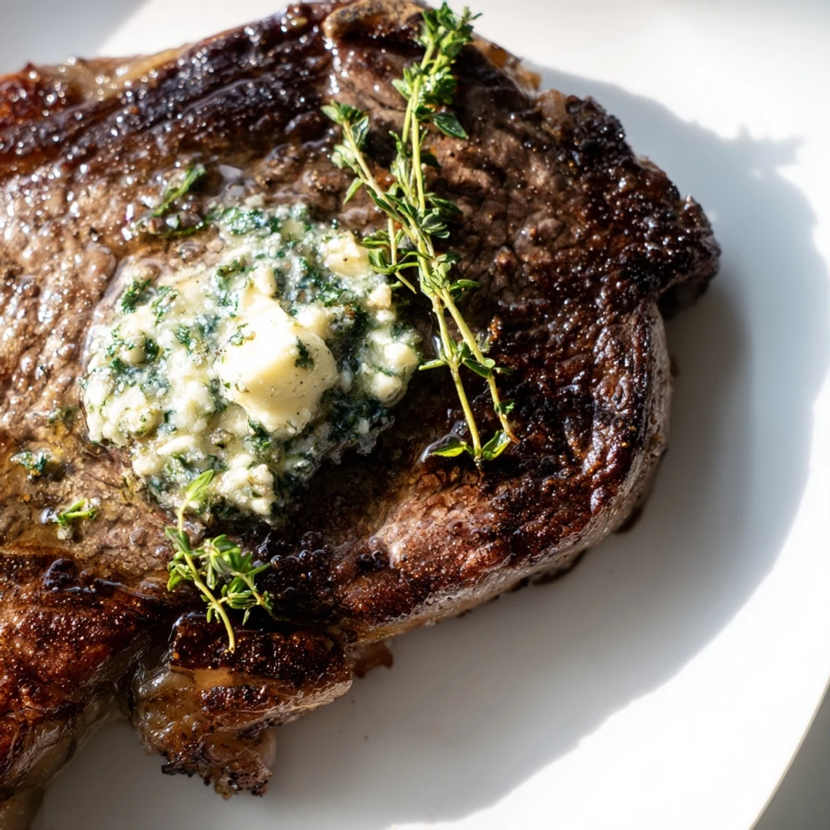 Freshly seared ribeye steak from the Beef Dinner Steak recipe, glistening with garlic herb butter and resting before slicing.