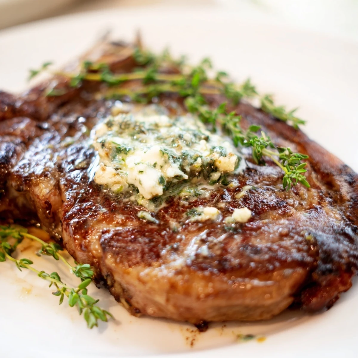 Sizzling ribeye steak in a hot cast-iron skillet, ready for the Beef Dinner Steak recipe's garlic herb butter finish.