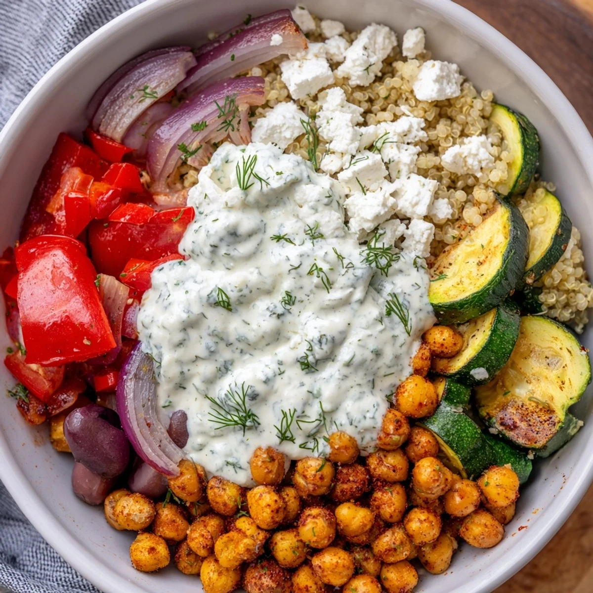 Crispy chickpeas and bright feta cheese garnish a hearty Mediterranean Dinner Bowl filled with roasted zucchini, bell peppers, and cucumber.