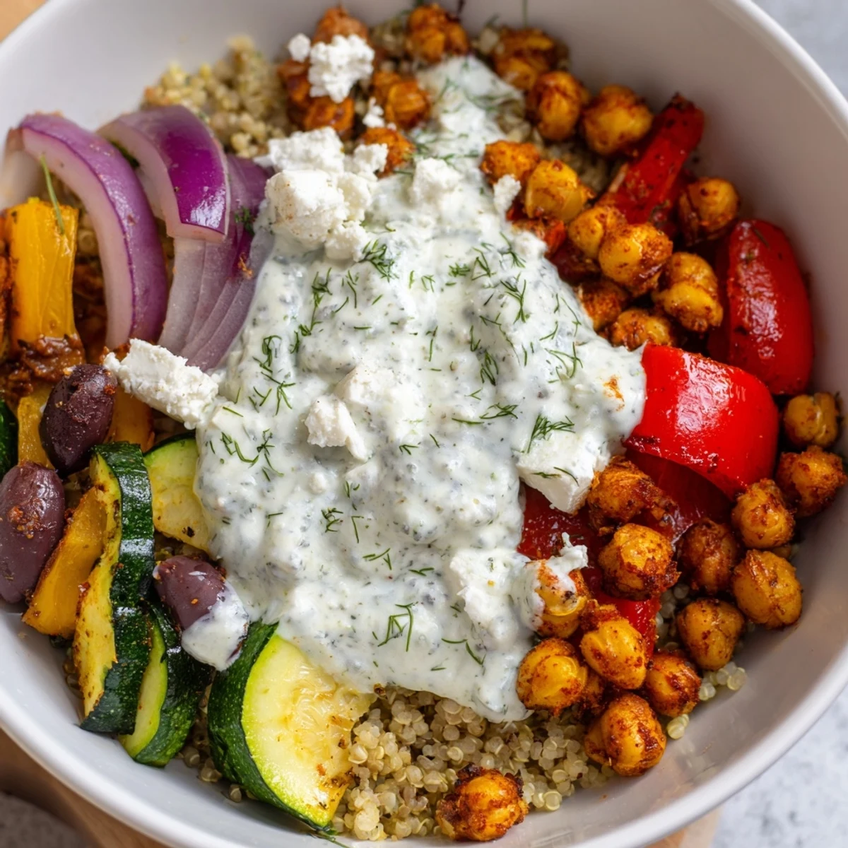 Warm roasted vegetables and seasoned chickpeas sit atop fluffy quinoa in this vibrant Mediterranean Dinner Bowl with a herby yogurt drizzle.