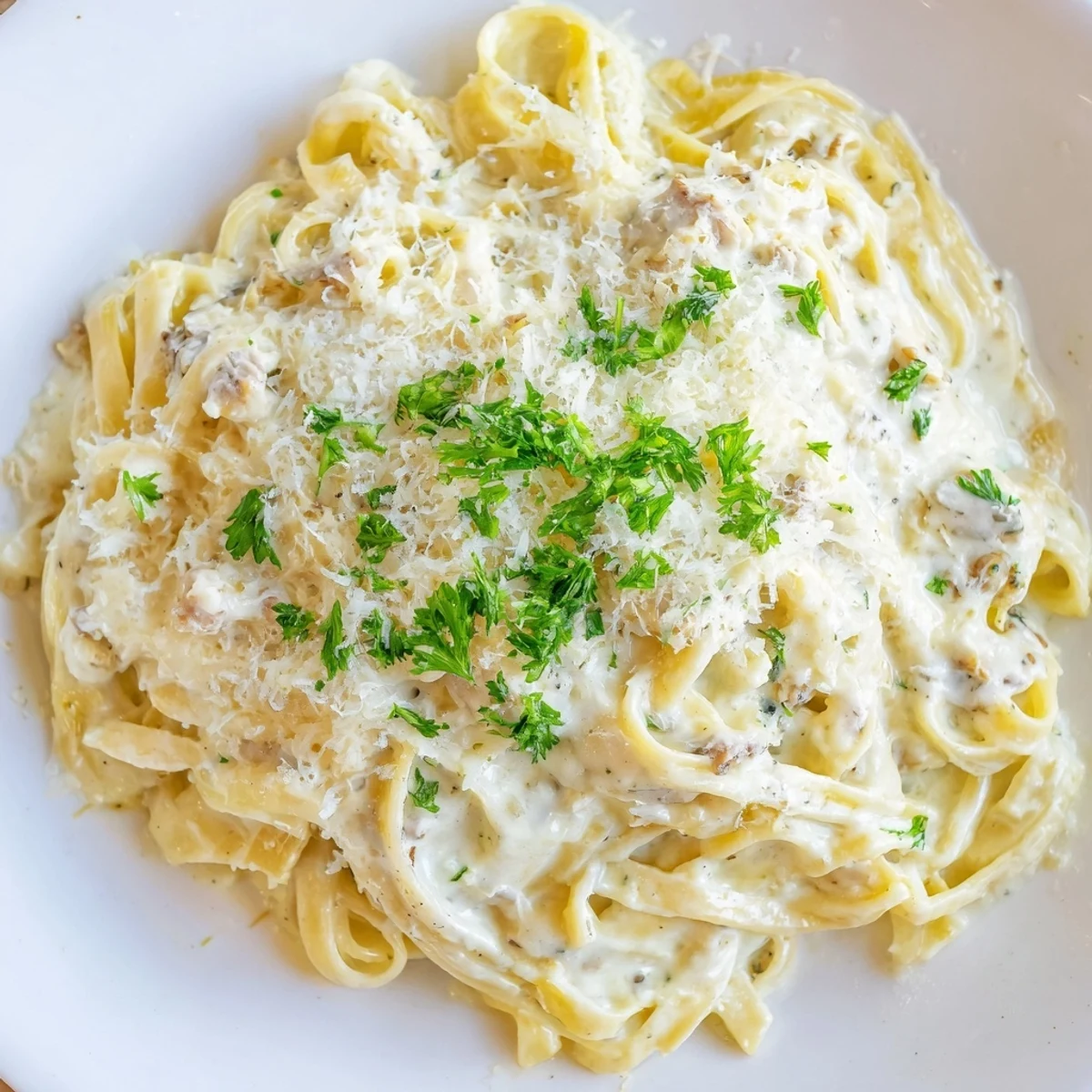 Creamy Dinner Pasta twirled on a fork, coated in velvety Parmesan cream sauce with garlic aroma.