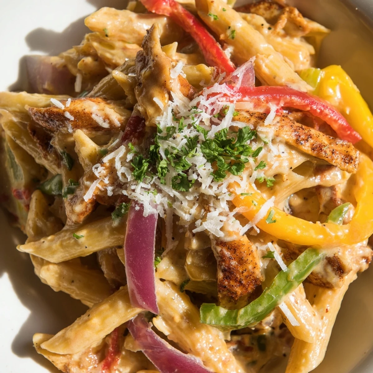 Plated Cajun Chicken Pasta with Bell Peppers alongside garlic bread and a glass of white wine.  