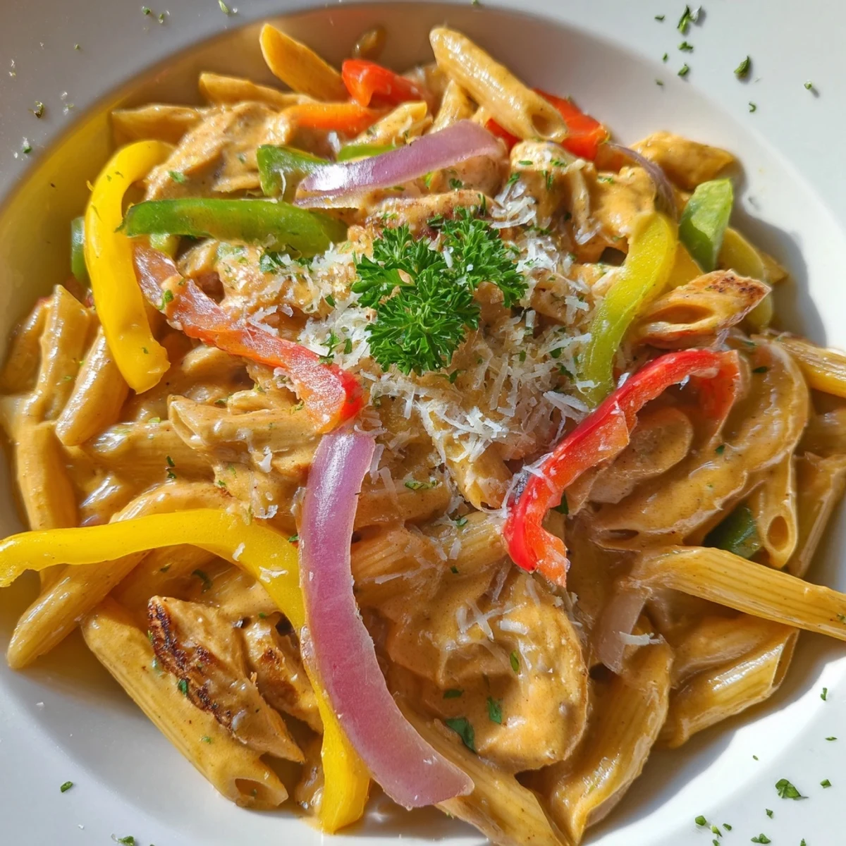 Creamy Cajun Chicken Pasta with Bell Peppers served in a skillet, garnished with fresh parsley.  
