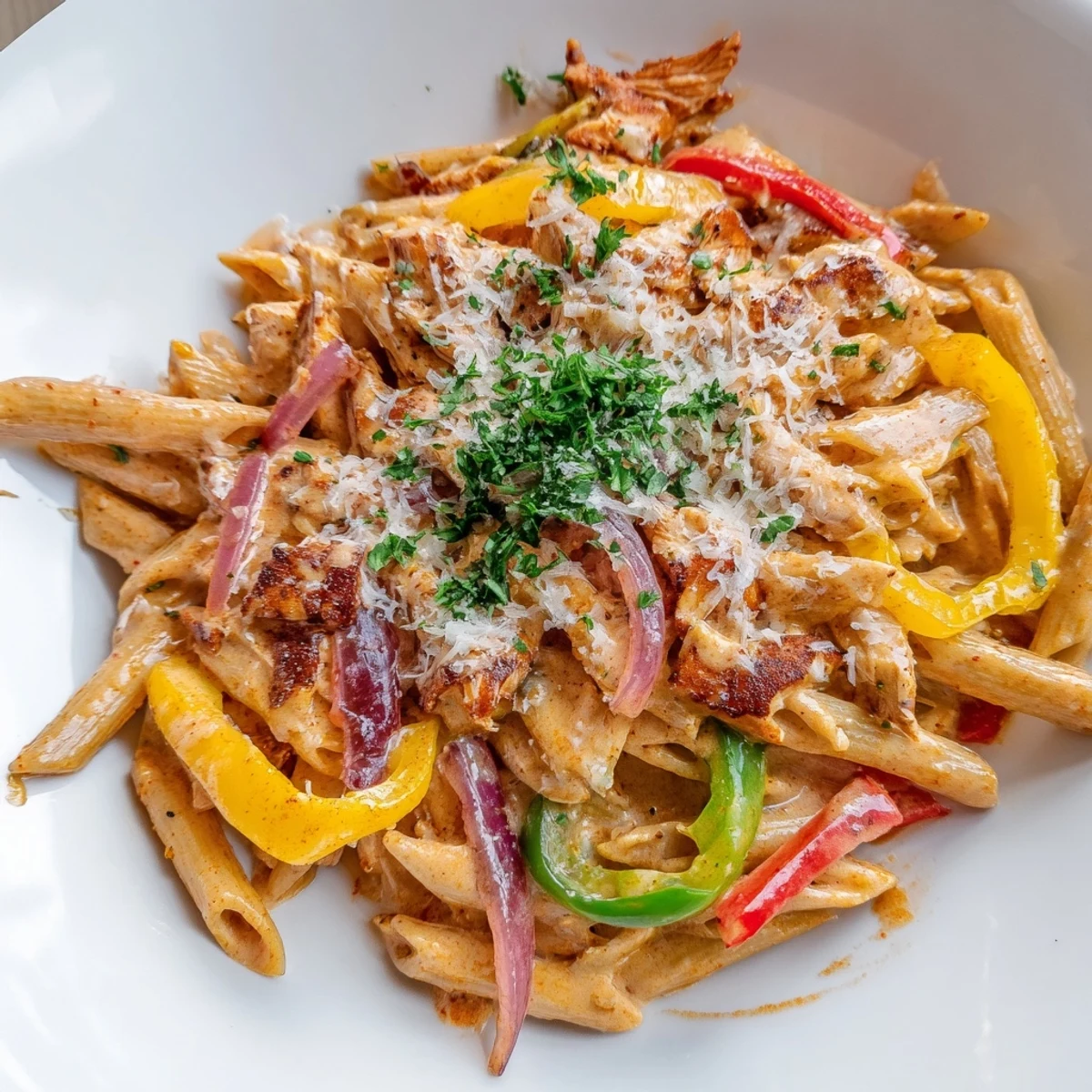 A close-up of Cajun Chicken Pasta with Bell Peppers, featuring tender chicken and a creamy sauce.