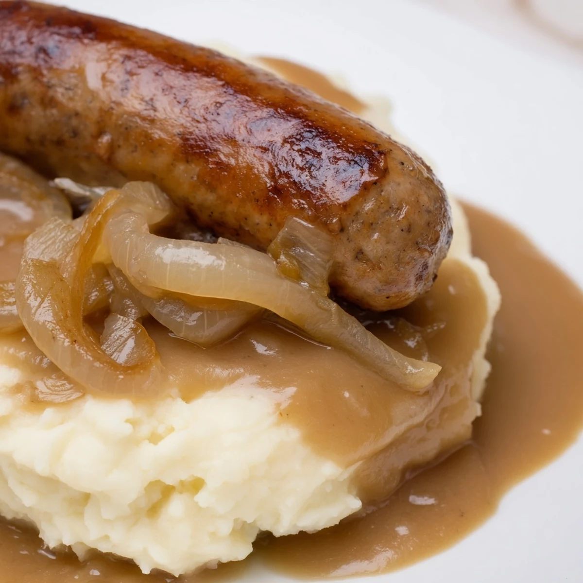 Plate of halal bangers and mash with onion gravy featuring golden-brown sausages over creamy mashed potatoes and rich brown sauce.