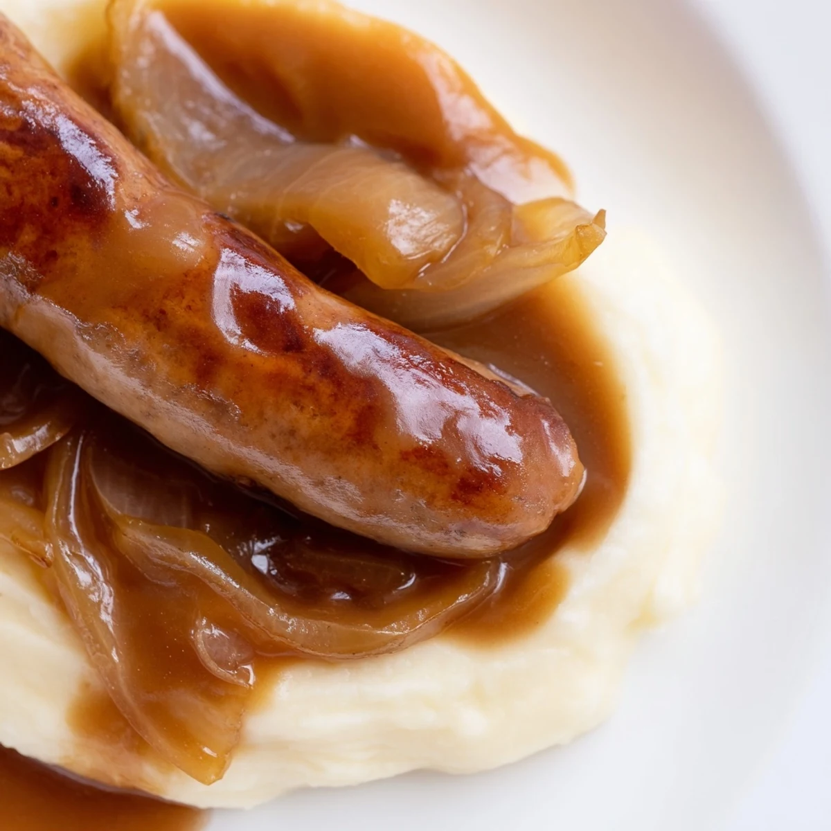 Close-up of bangers and mash with onion gravy, savory sausages, fluffy potatoes, and glossy onion gravy for a cozy British meal.