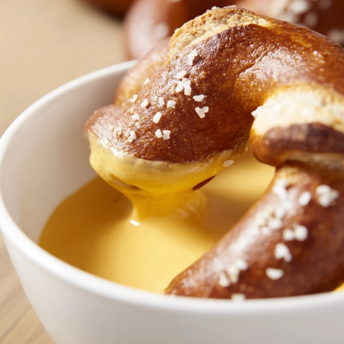 Golden-brown Game Day Soft Pretzels with Cheese Sauce are arranged on a rustic wooden board, steam rising from their freshly baked, chewy crust.