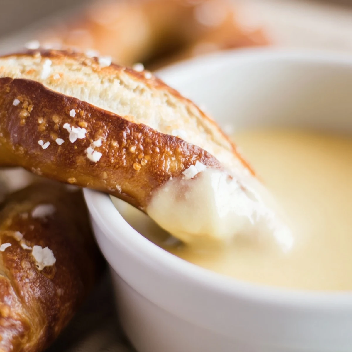 Golden Game Day Soft Pretzels with Cheese Sauce are served on a platter with coarse salt, perfect for a festive Super Bowl party.