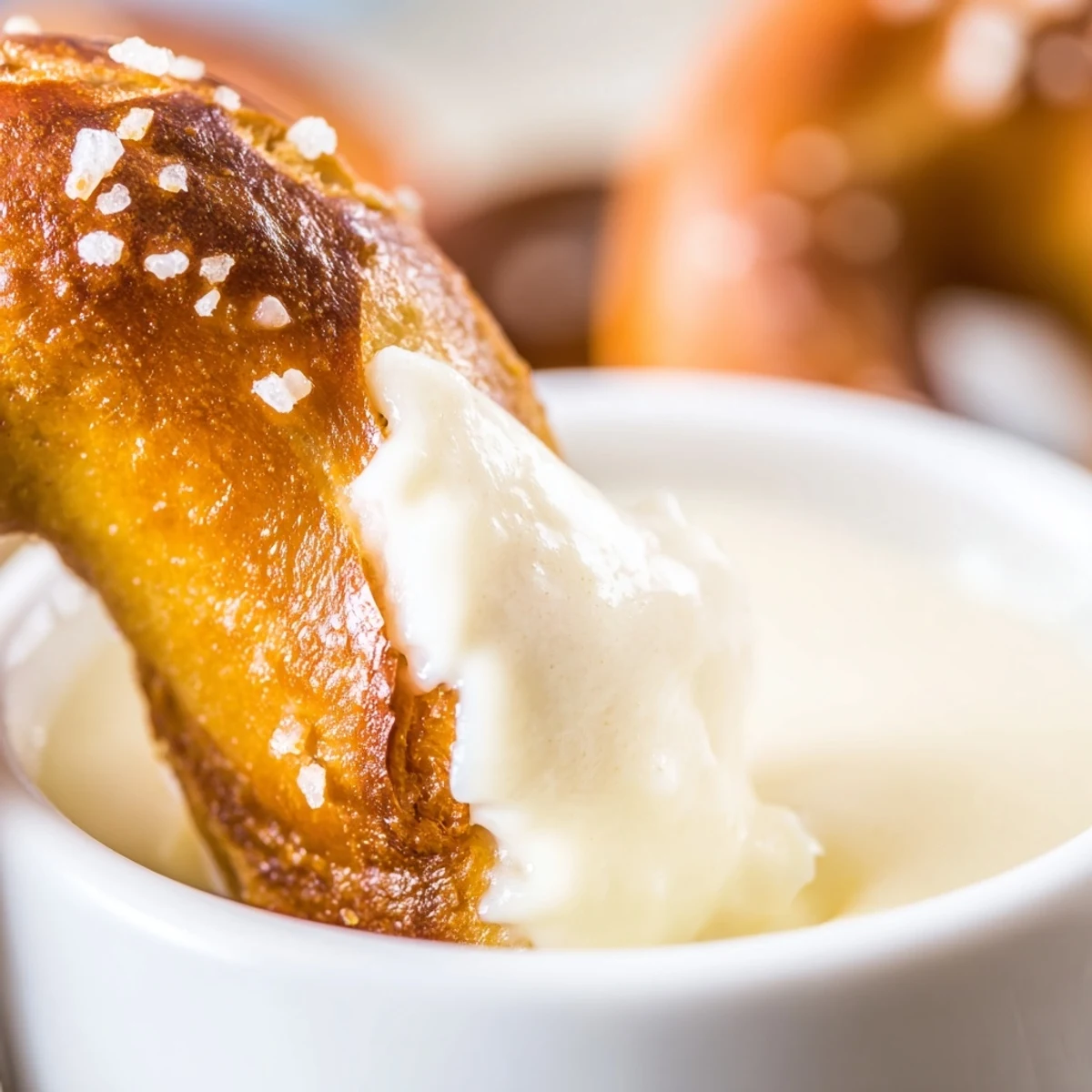 Freshly baked Game Day Soft Pretzels with Cheese Sauce are dipped into a warm, creamy cheddar sauce next to a cold craft beer.