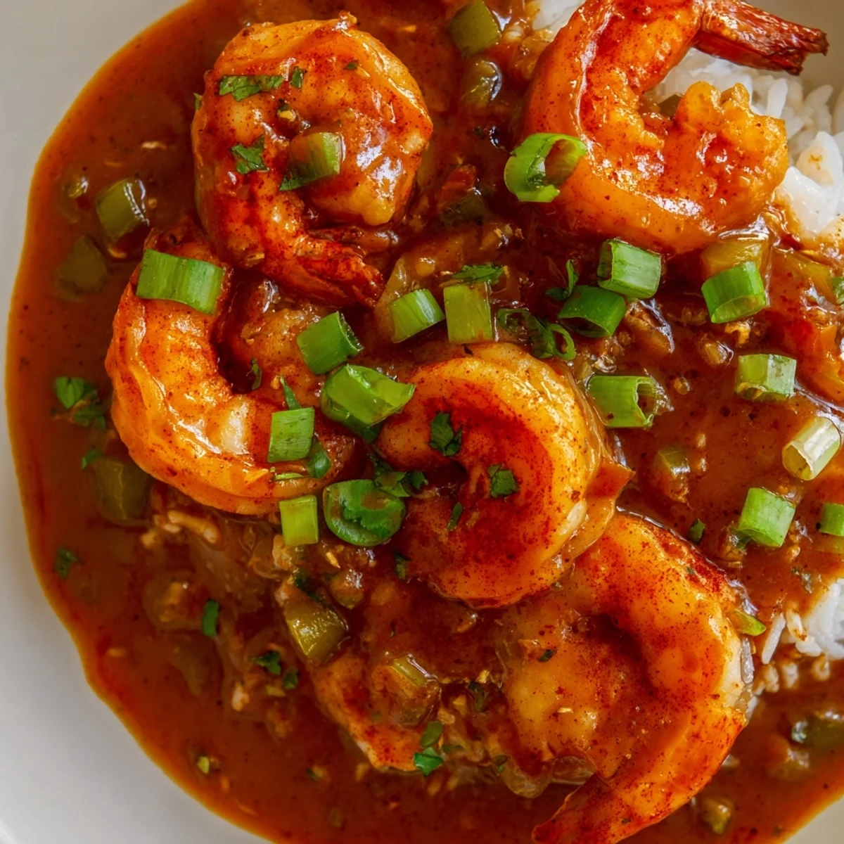 The photo shows Spicy Shrimp Étouffée served over a bed of fluffy white rice, garnished with fresh parsley and sliced green onions.