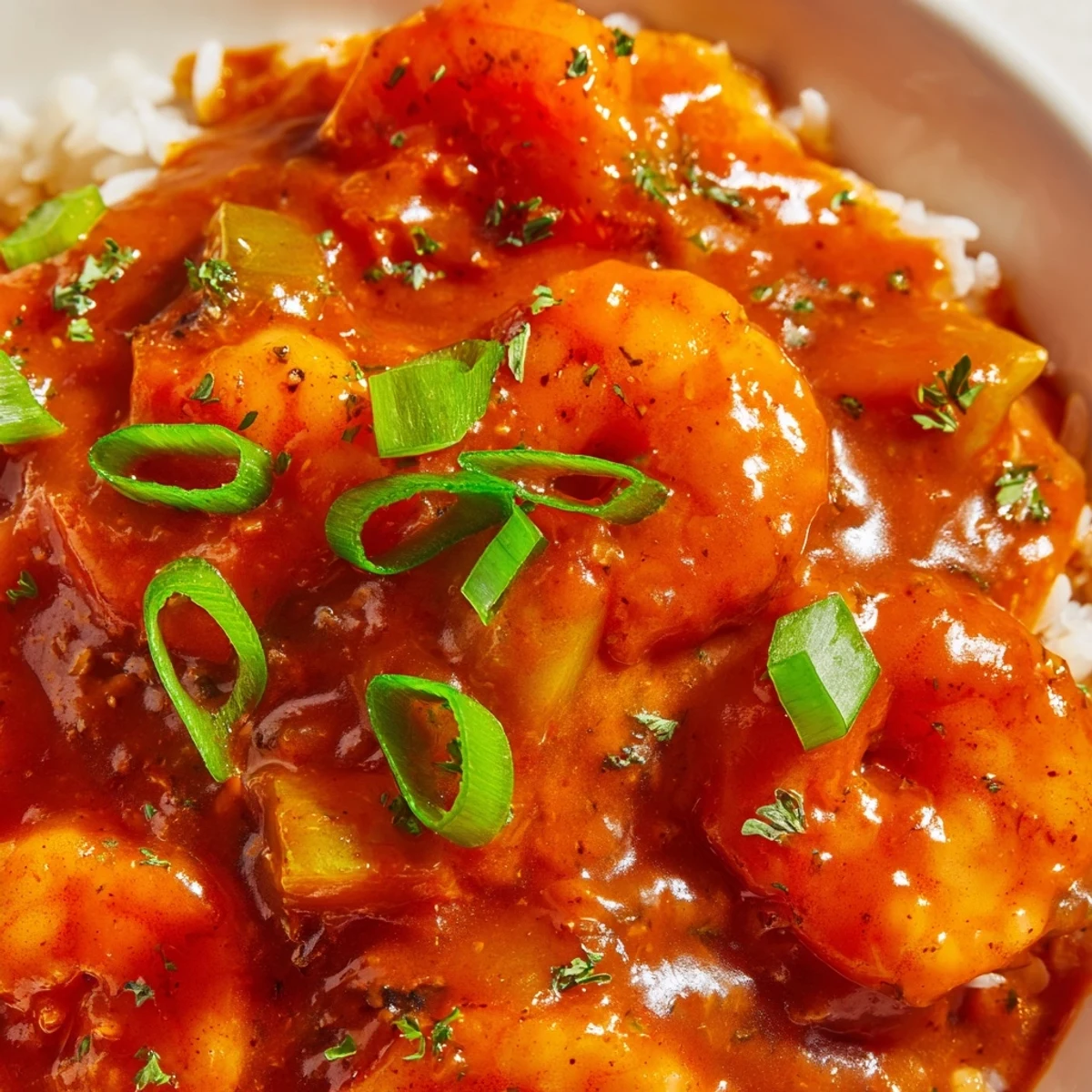 A close-up of rich Spicy Shrimp Étouffée, featuring tender pink shrimp and bell peppers simmering in a thick, orange-hued roux sauce.