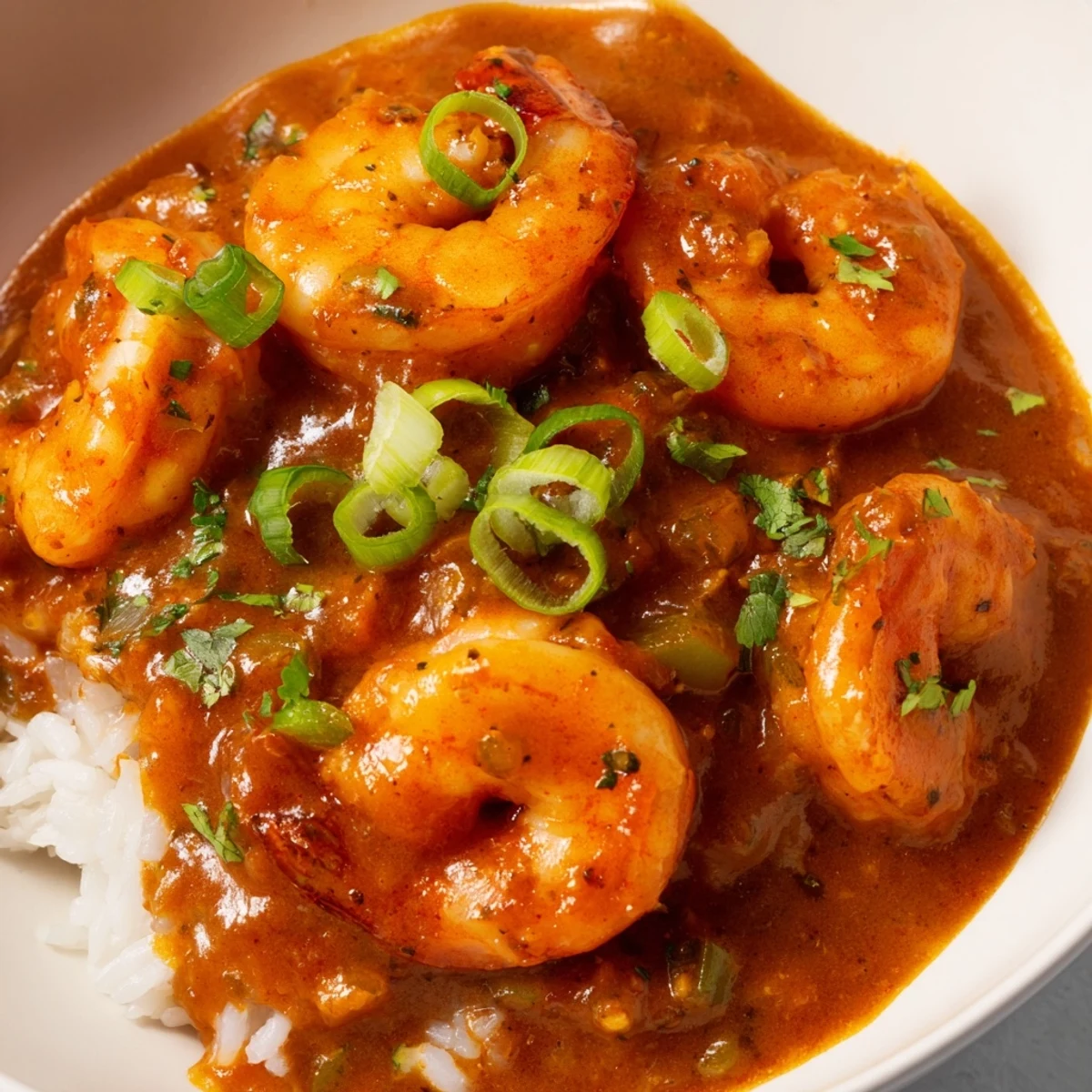 Savory Spicy Shrimp Étouffée ladled over steamed rice, with a wedge of crusty French bread ready for dipping into the Creole sauce.