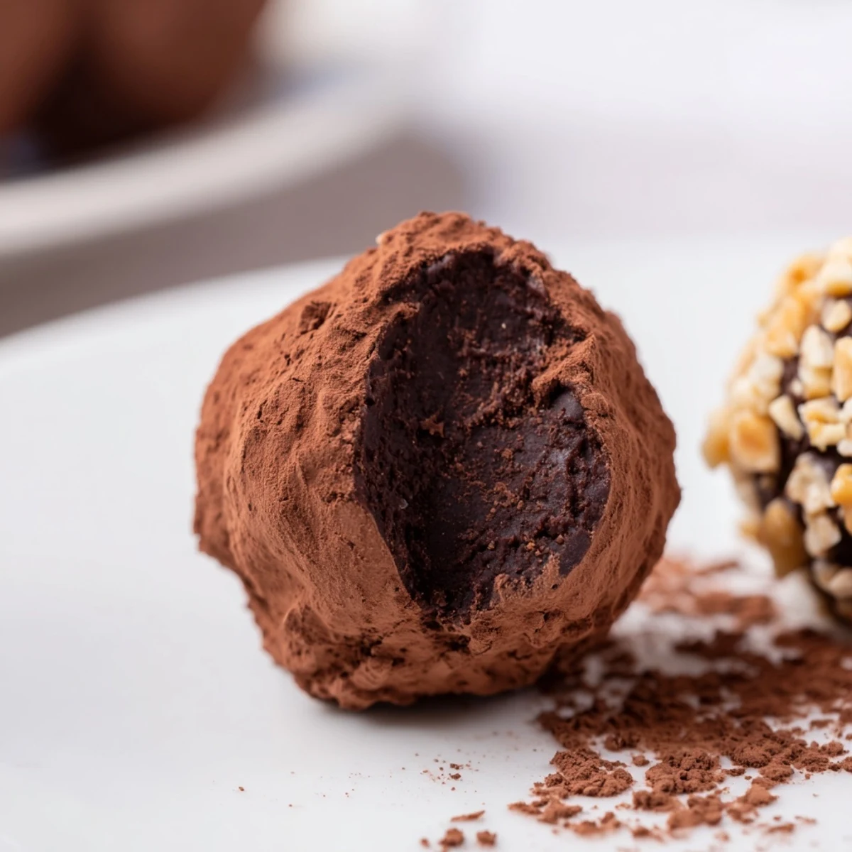 Decadent dark chocolate truffles nestled on a rustic platter, garnished with crushed pistachios and sea salt.  