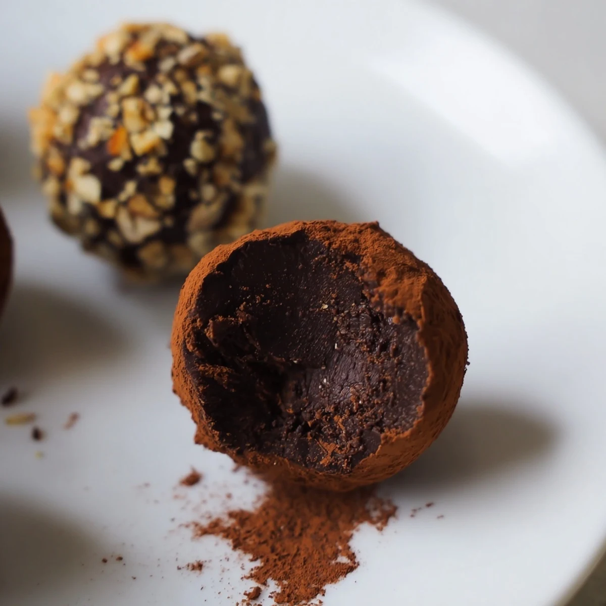 Decadent dark chocolate truffles coated in cocoa powder, ready to serve with an espresso shot.  