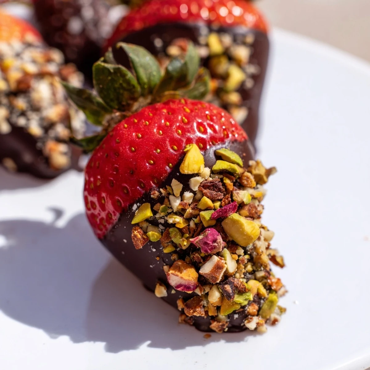 Fresh strawberries dipped in dark chocolate, topped with crunchy chopped pistachios and almonds, displayed on parchment paper for an elegant dessert.